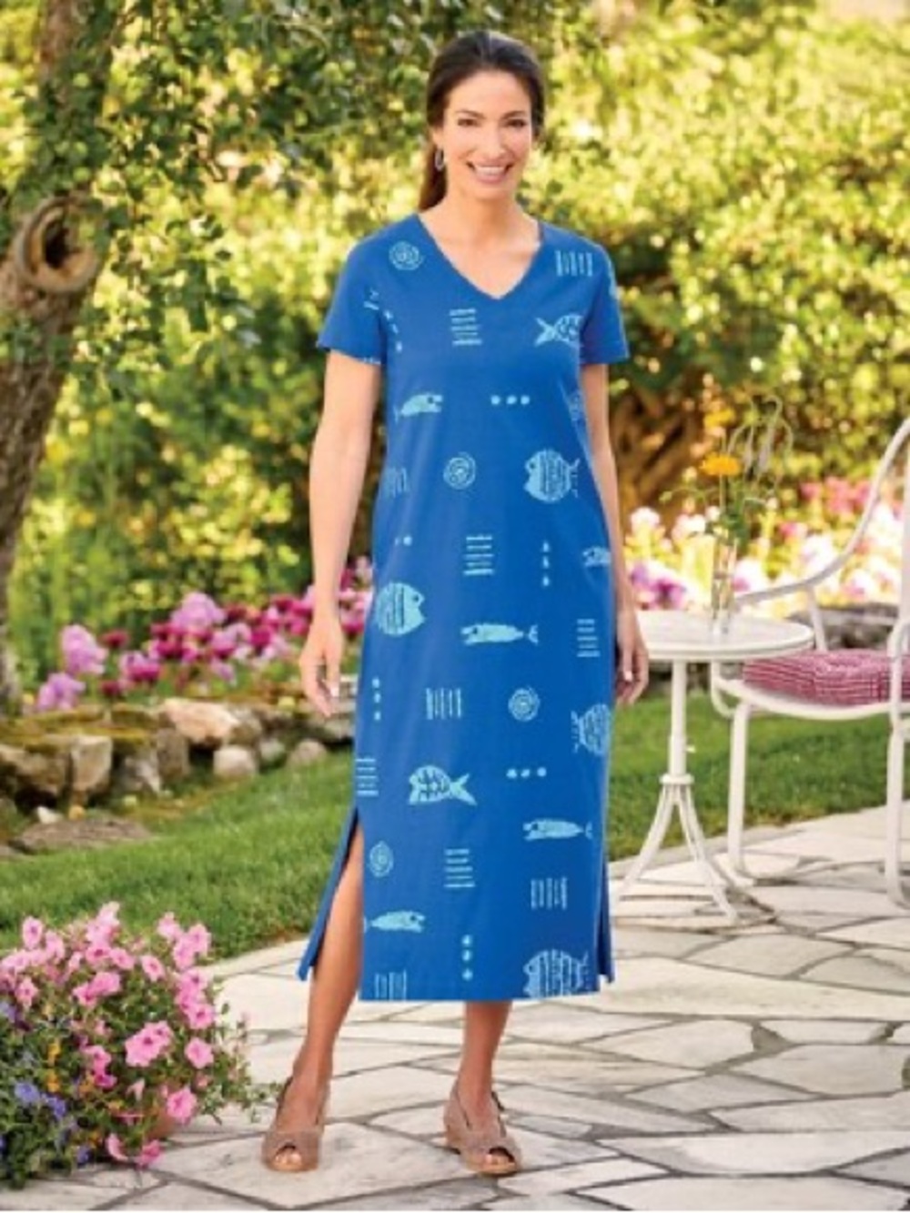 M. Mac Rock Fish Ankle-Length V-Neck Cotton Knit Dress Royal Blue Midi